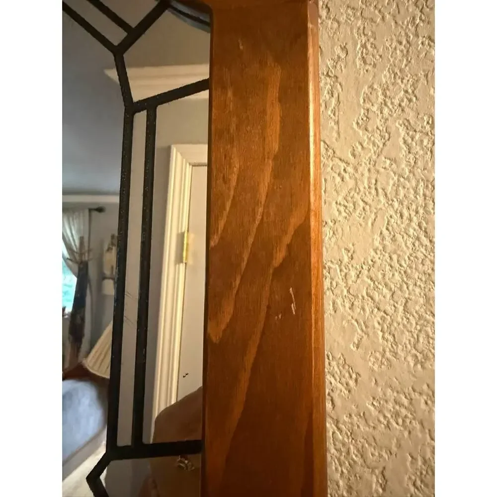 Vintage Wood & Leaded-Style Glass Arch Mirror – 23” x 13”